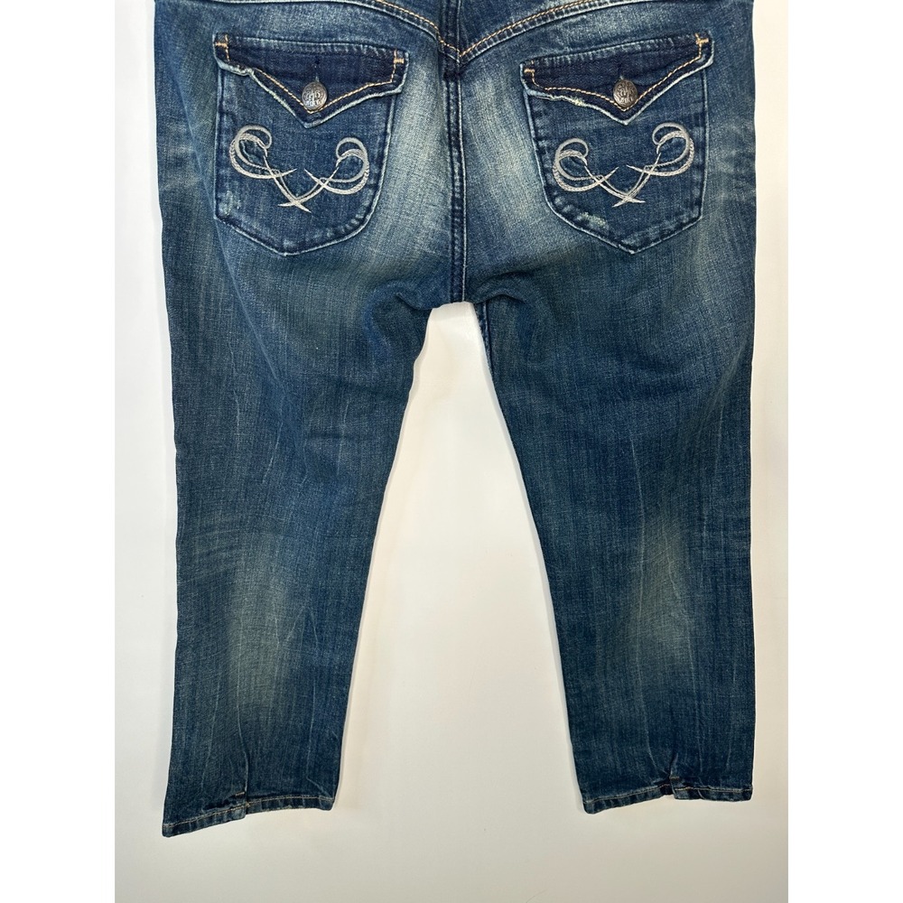 New ReRock x Express Y2K Low Rise Capri Jeans Size 10 Blue Embroider Flap Pocket - Picture 11 of 16